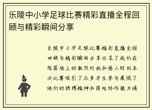 乐陵中小学足球比赛精彩直播全程回顾与精彩瞬间分享